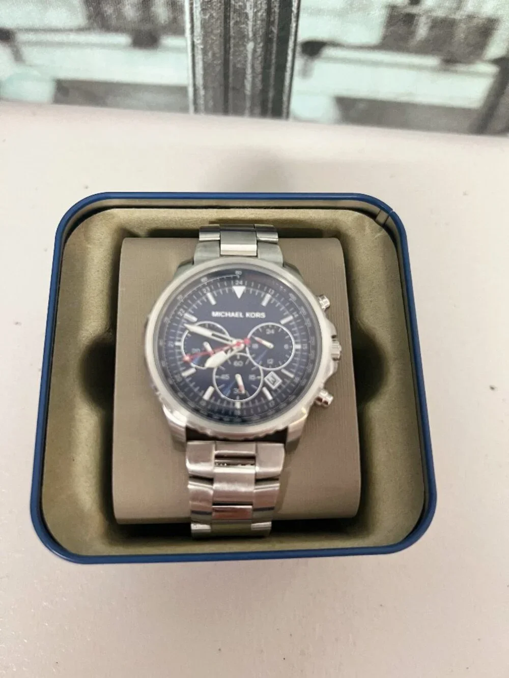 Michael Kors MK8641 Men's Chronograph Watch, Navy Blue Dial, Silver Stainless